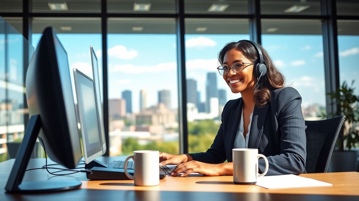 Virtual receptionist at desk with Wichita skyline background