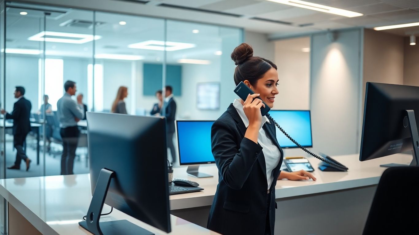 Virtual receptionist answering phone in modern Toledo office