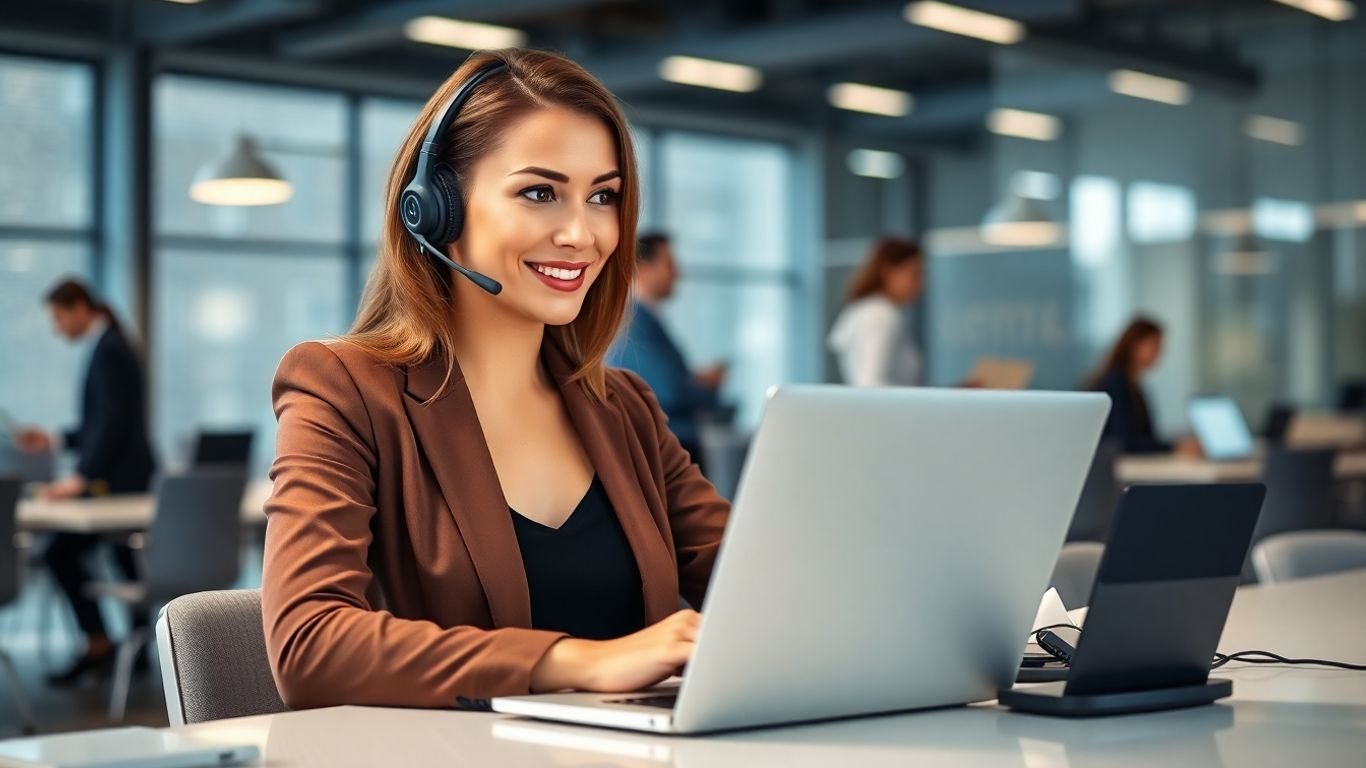 Businesswoman in Toledo office uses laptop and headset.