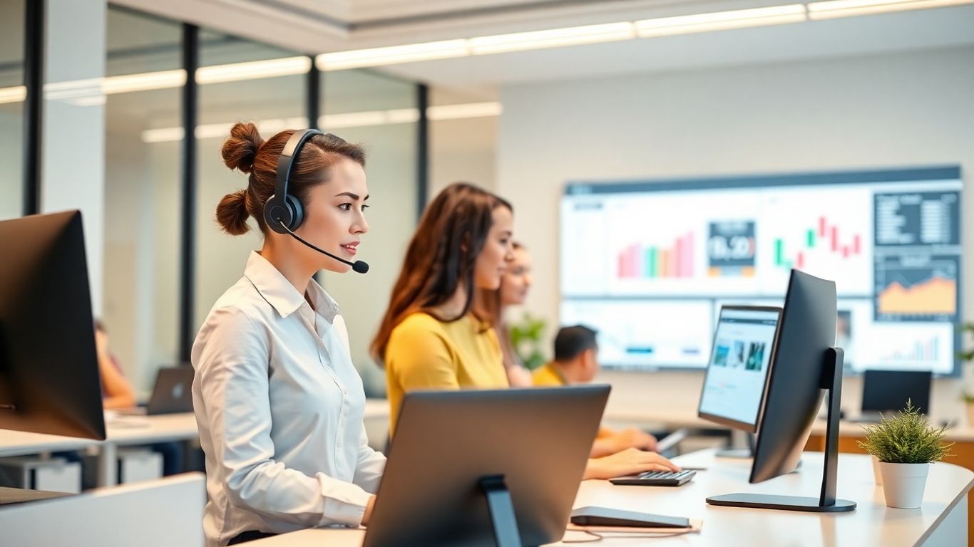 Virtual receptionist assisting business communication on computer