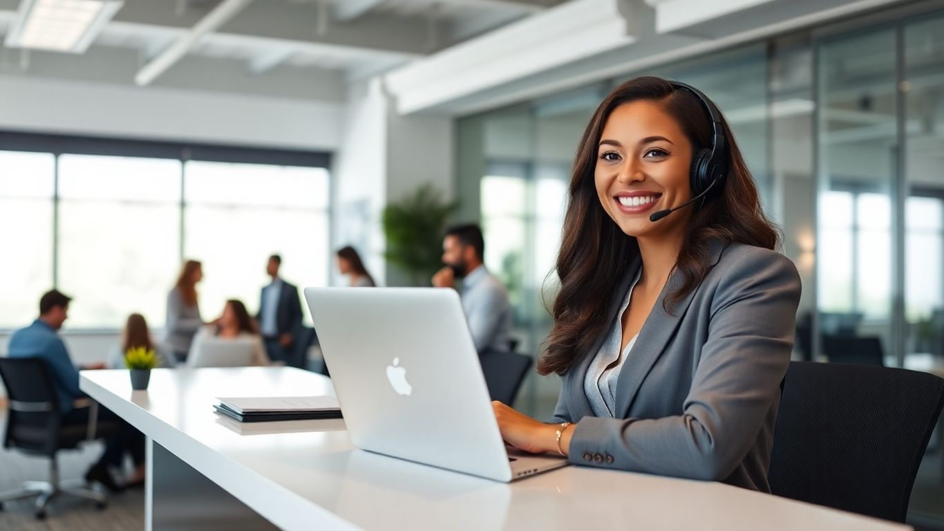 Virtual receptionist at desk assisting business clients