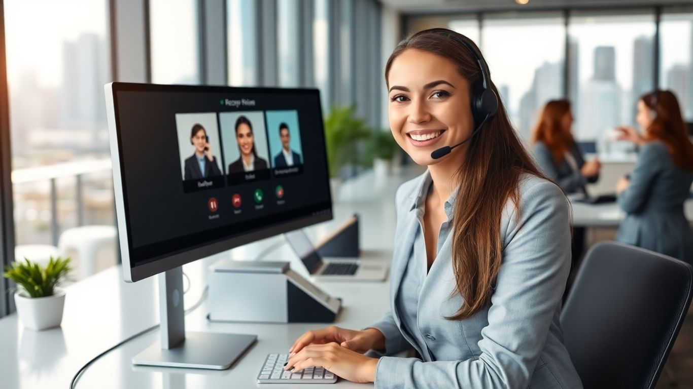 Virtual receptionist answering a call in modern office