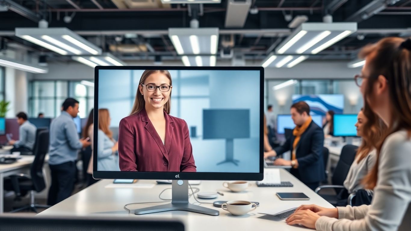 Virtual receptionist assisting team in modern office setting