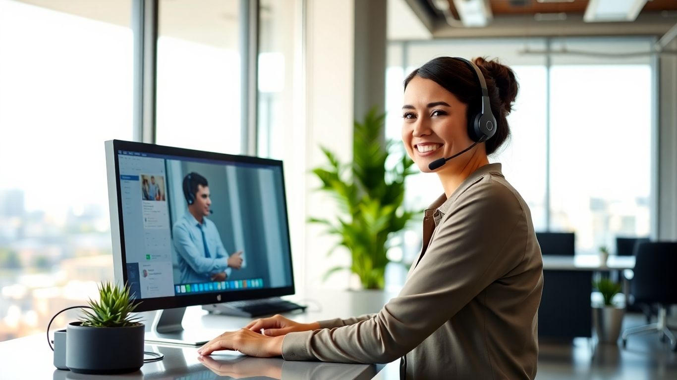 Virtual receptionist greeting client in a bright modern office