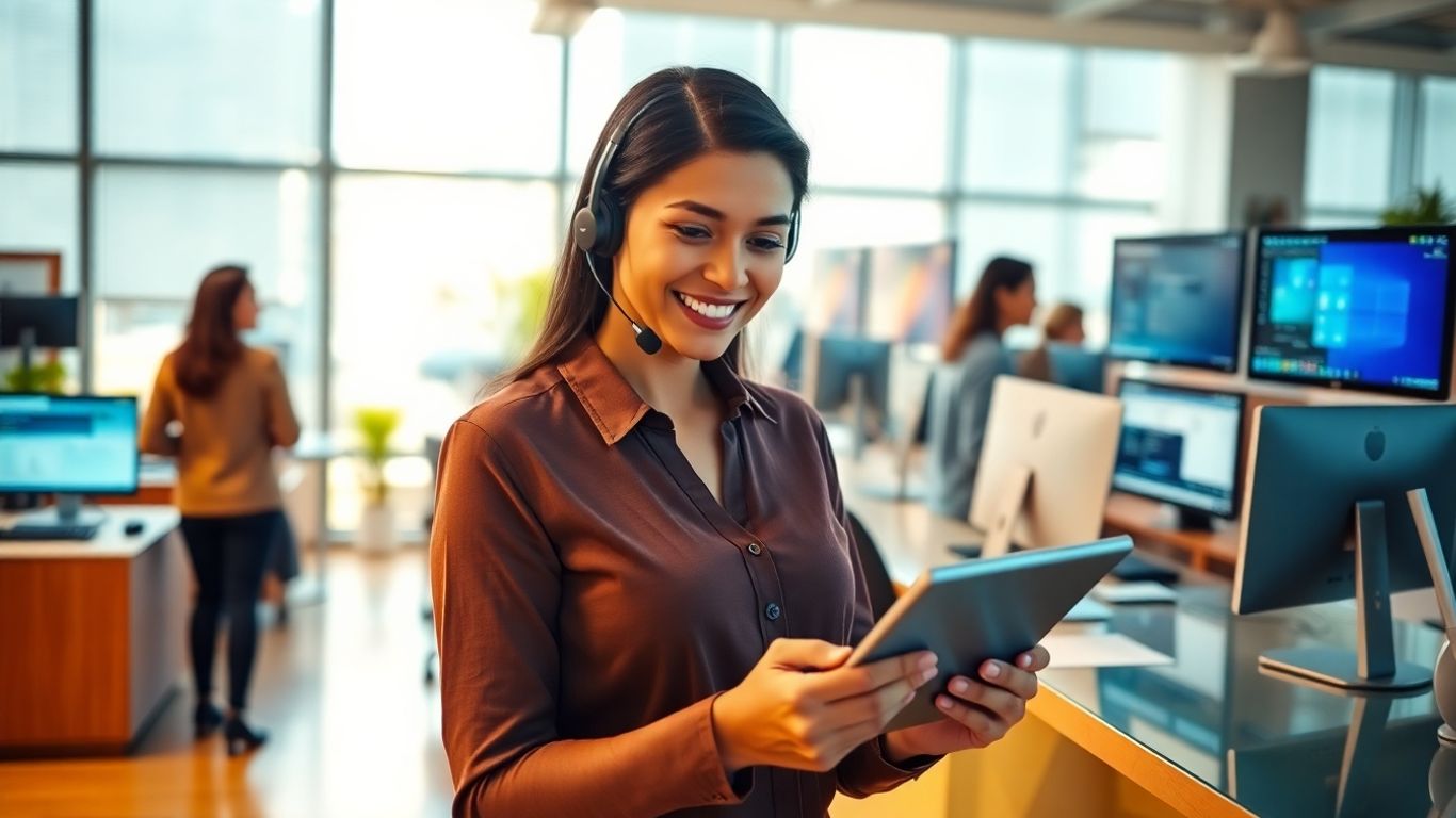 Receptionist with headset integrates business tools in office.