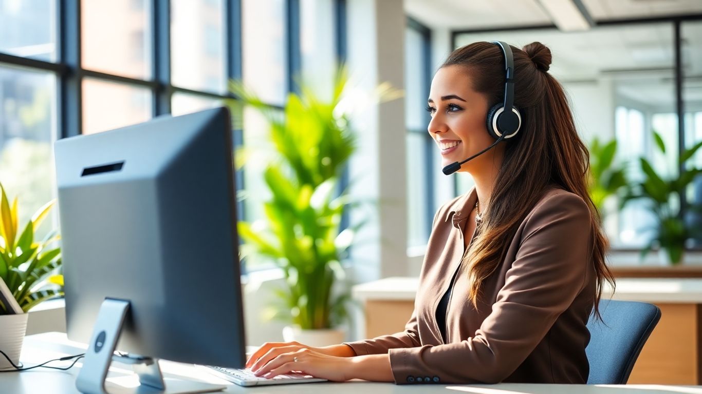 Receptionist with headset in bright Tampa office setting.
