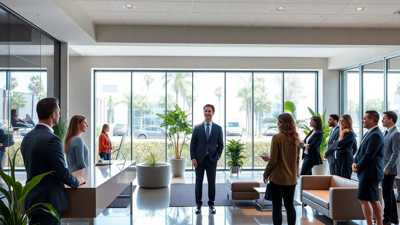 Virtual receptionist greeting business visitors in modern Anaheim office