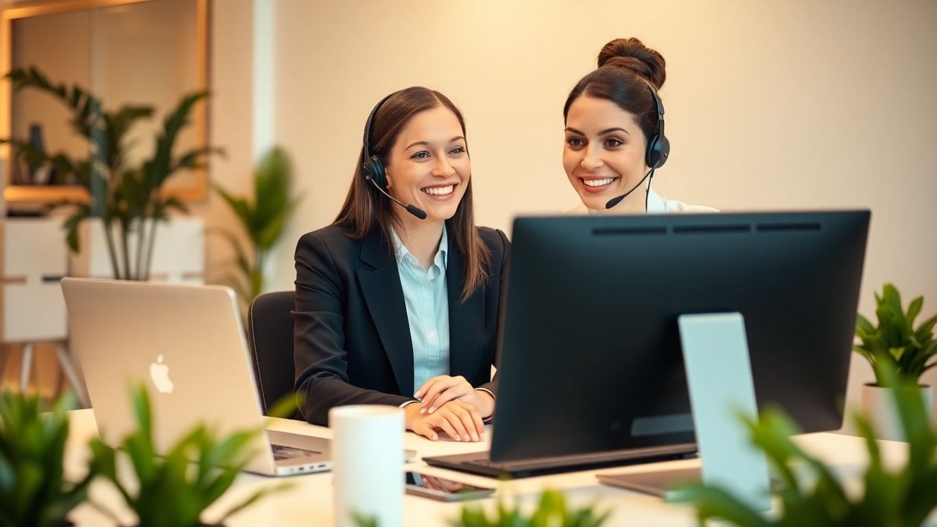 Businesswoman with headset in modern office setting