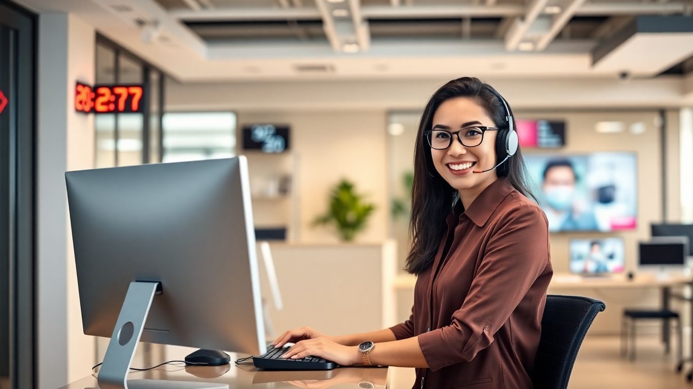 Receptionist on video call in modern office setting