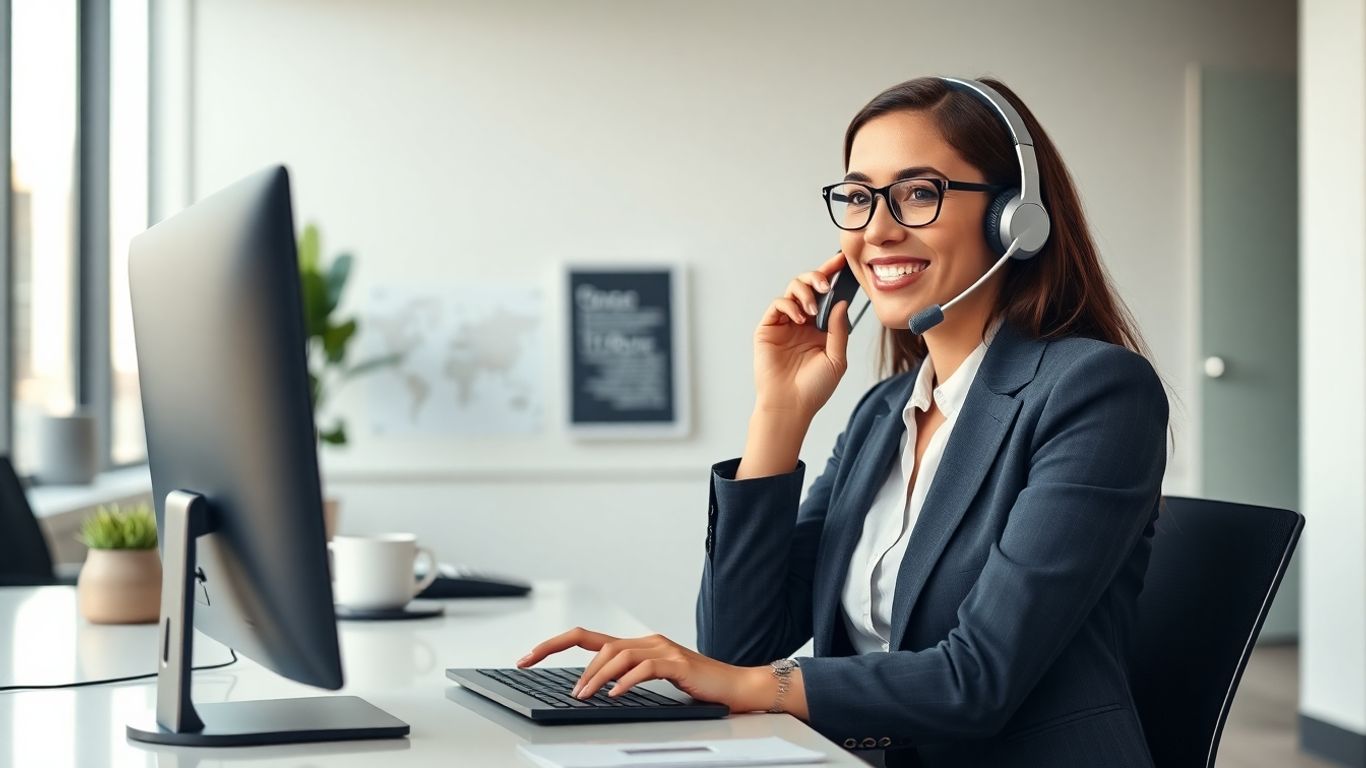 Virtual receptionist in modern office answering business call.