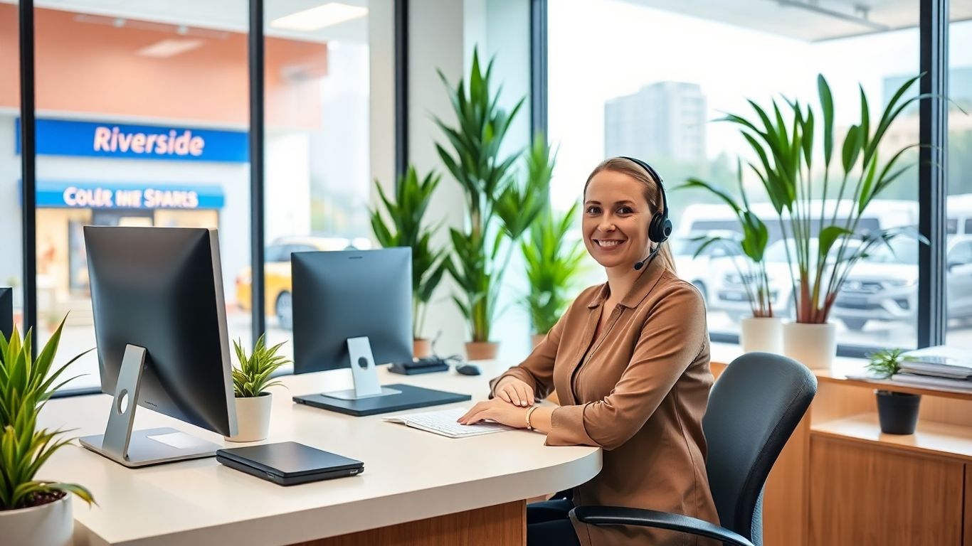 Receptionist at desk with Riverside city view