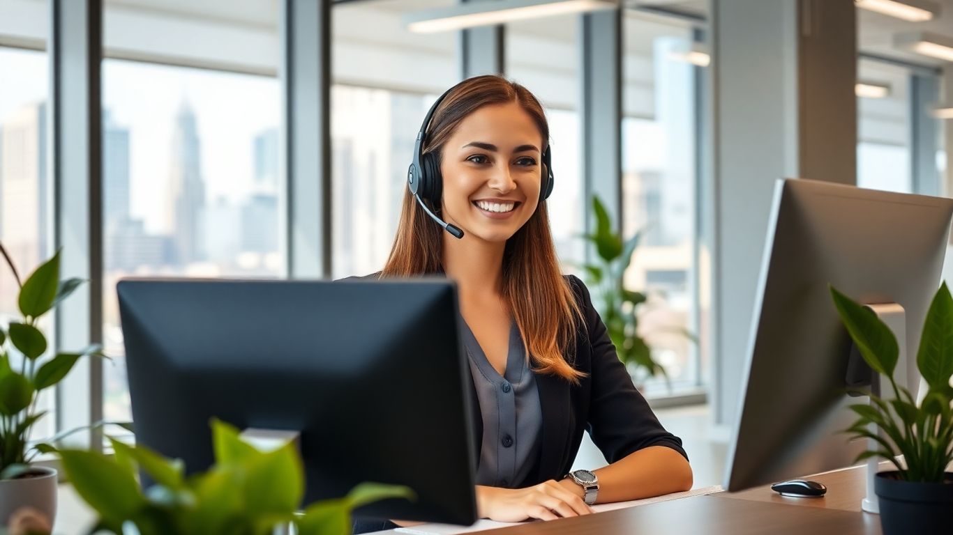 Virtual receptionist wearing headset in modern Cleveland office