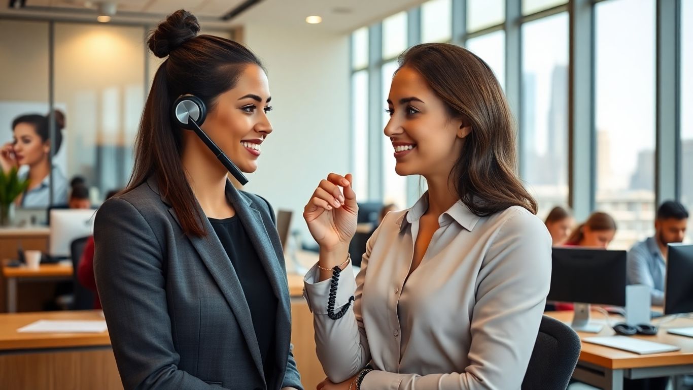 Receptionist answering phone with Cleveland skyline background
