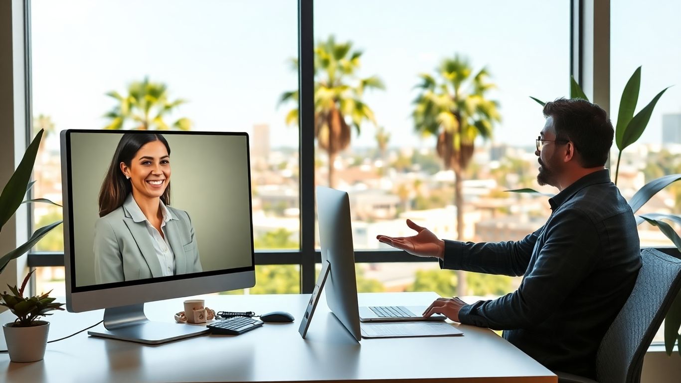 Business owner talking to virtual receptionist in sunny office