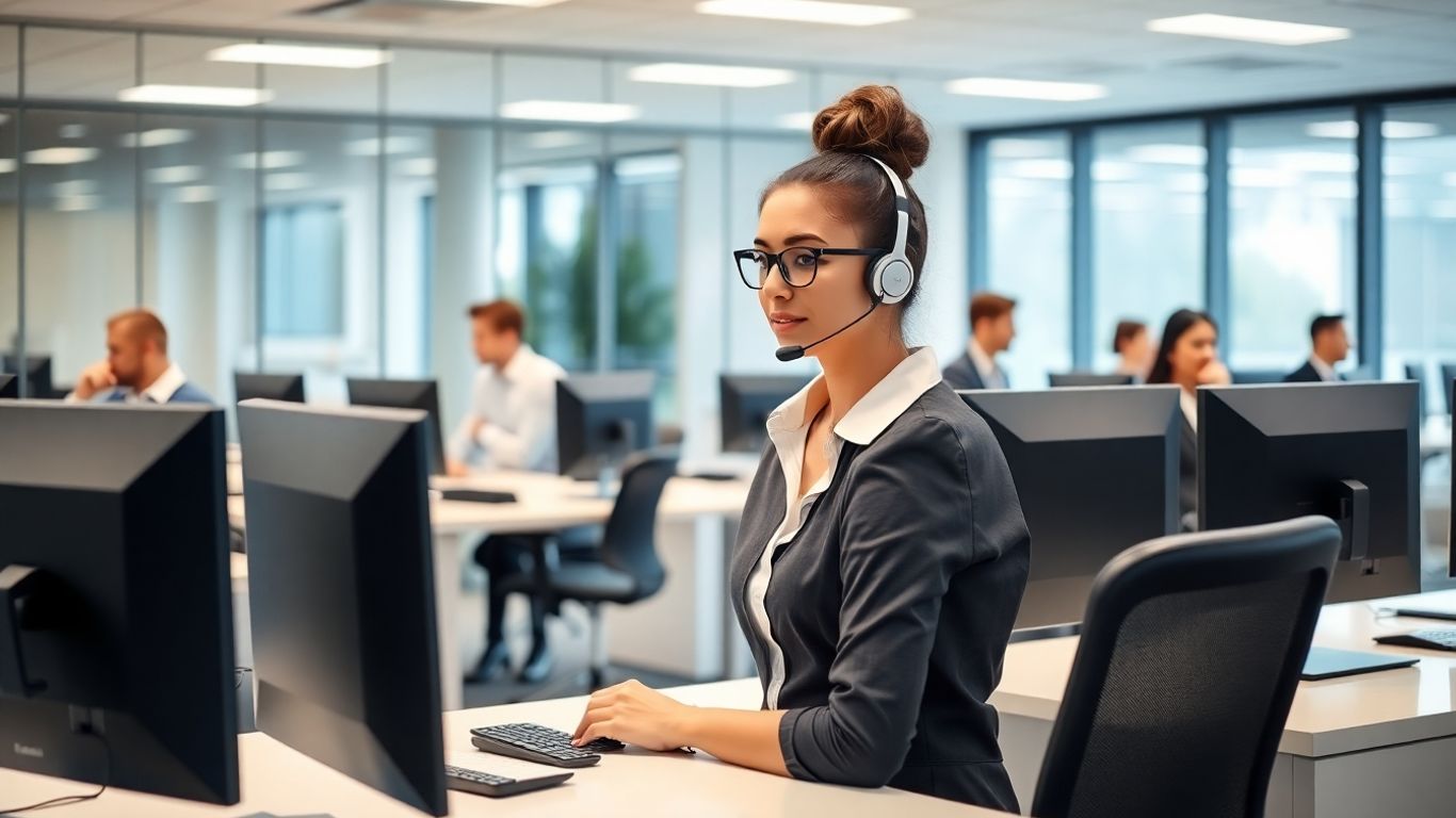 Receptionist with headset handling multiple business calls