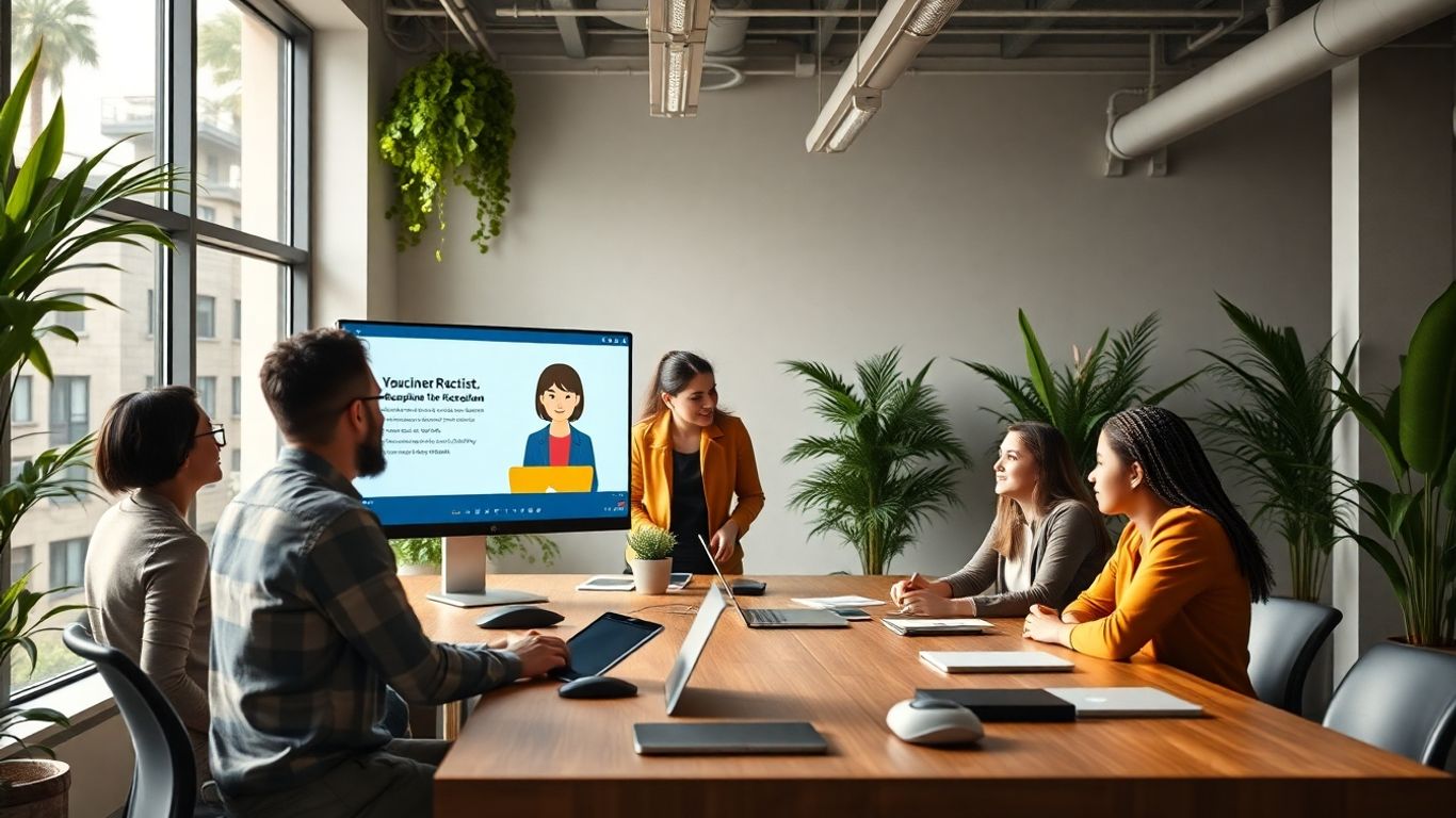 Team in office with virtual receptionist on screen