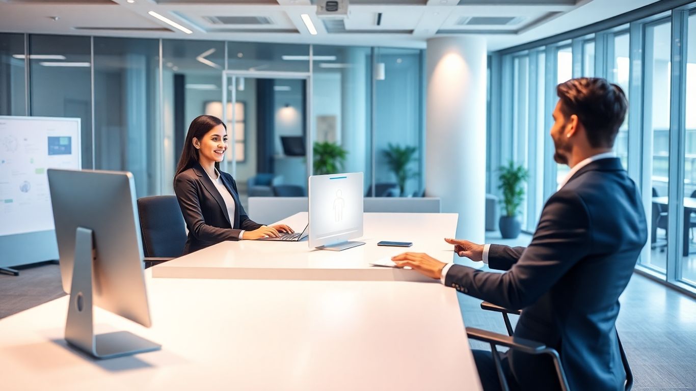 Virtual receptionist hologram greeting business owner in modern office