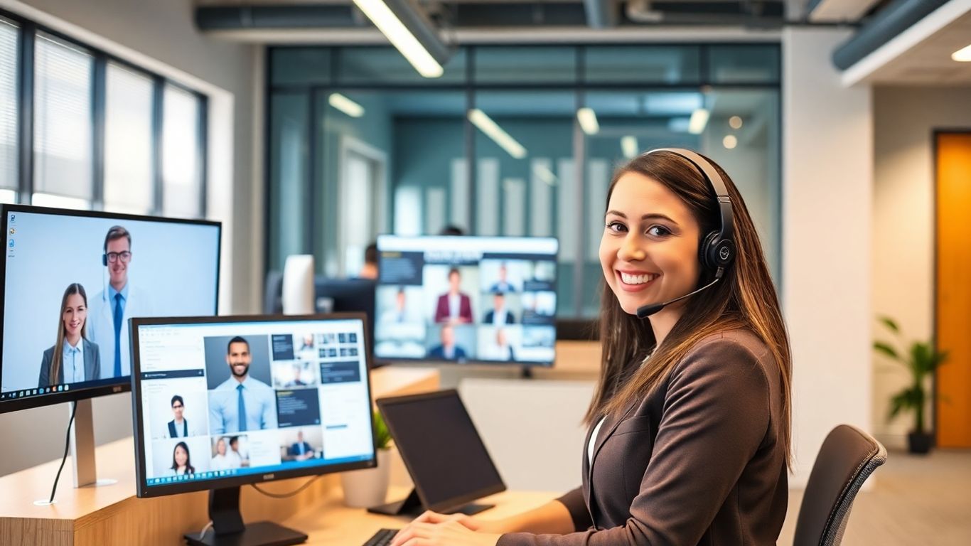 Receptionist assisting professionals on computer screens in office