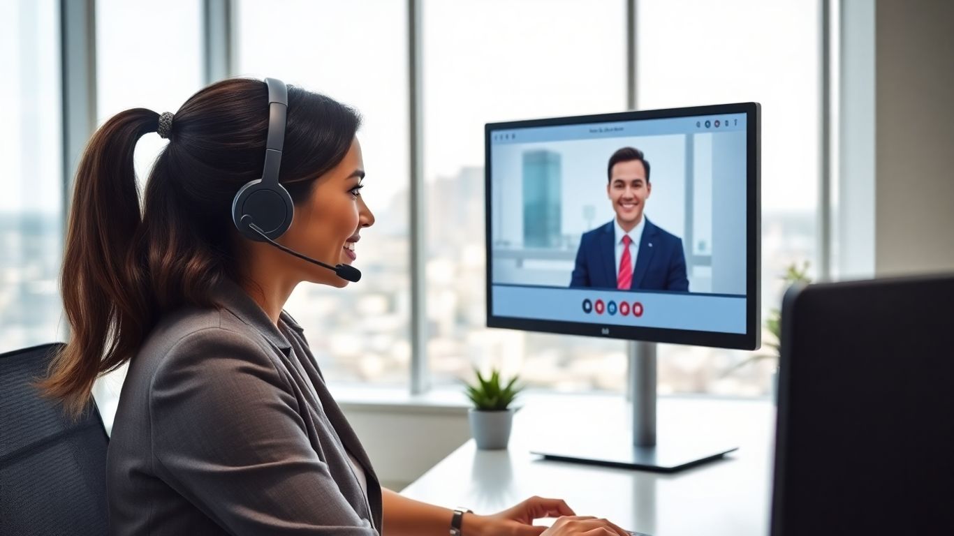 Virtual receptionist greeting client with Corpus Christi skyline