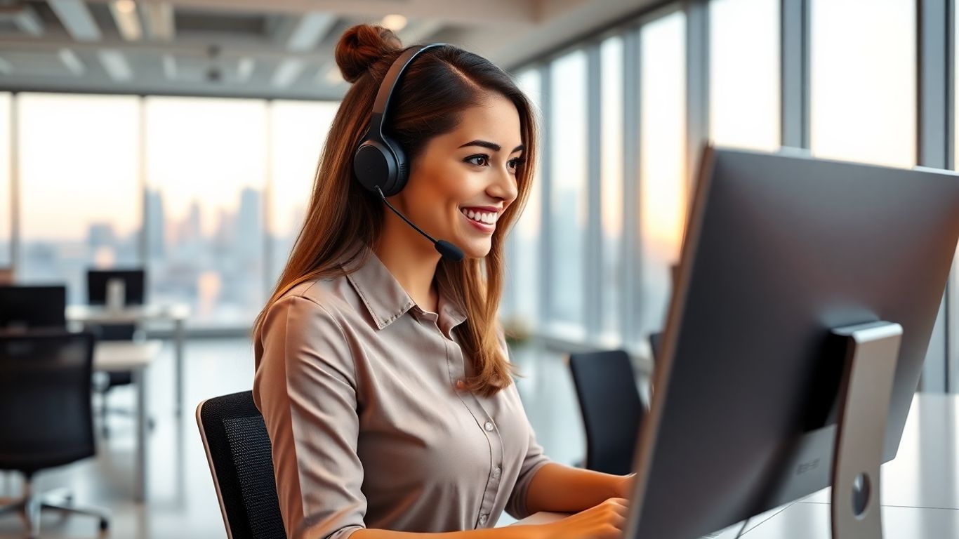 Virtual receptionist at desk with Corpus Christi skyline