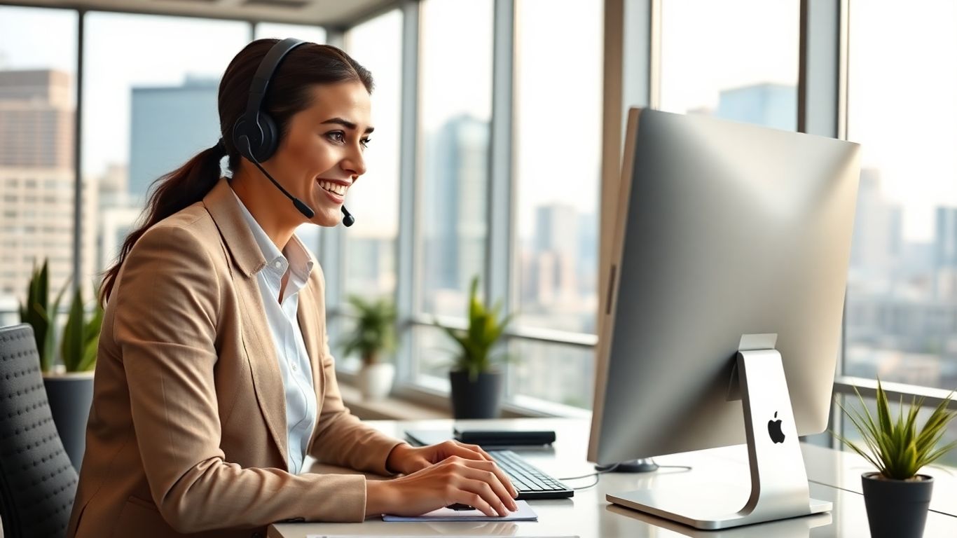 Virtual receptionist assisting clients in a modern office.