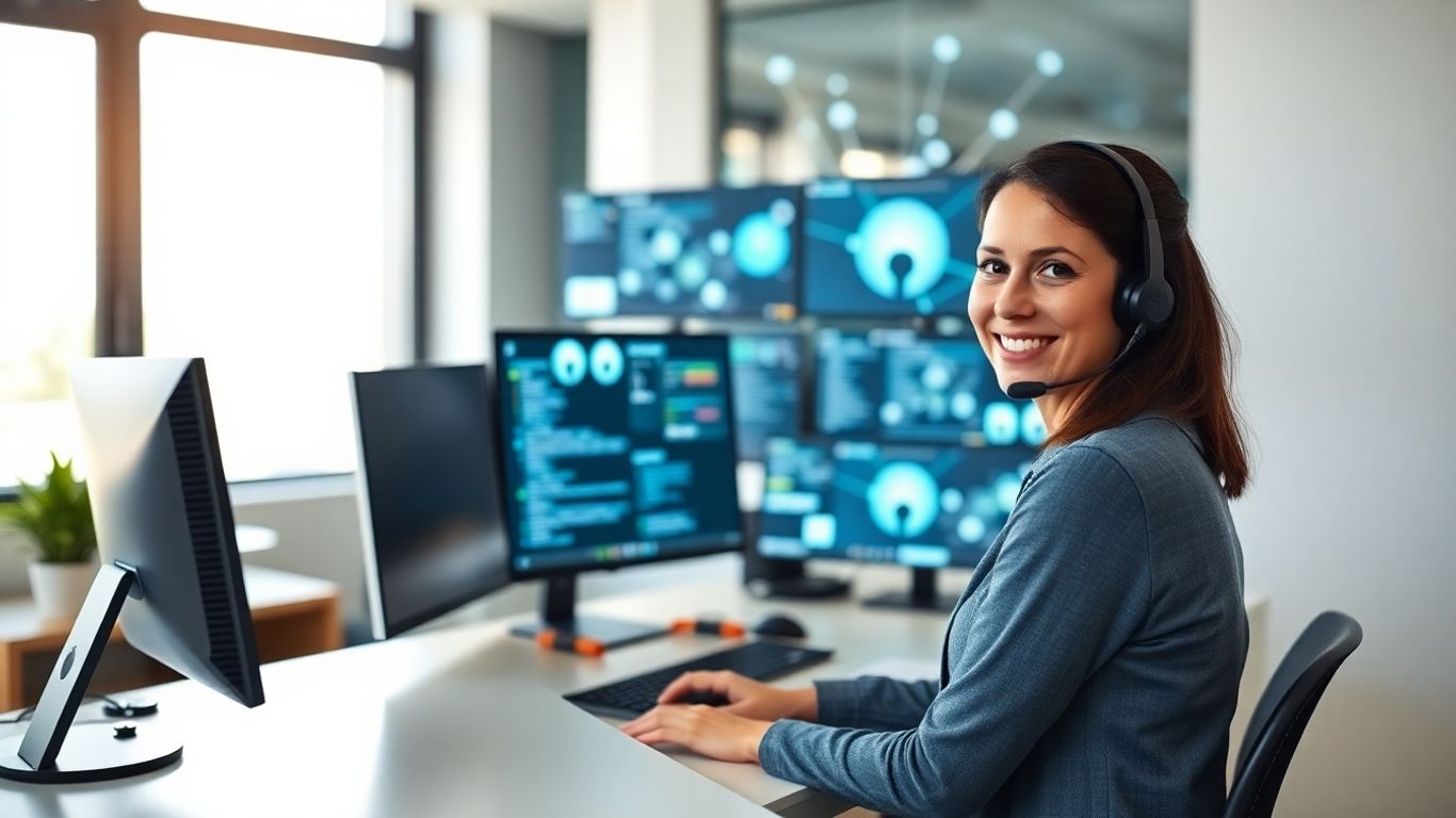 Virtual receptionist at modern desk with tech devices