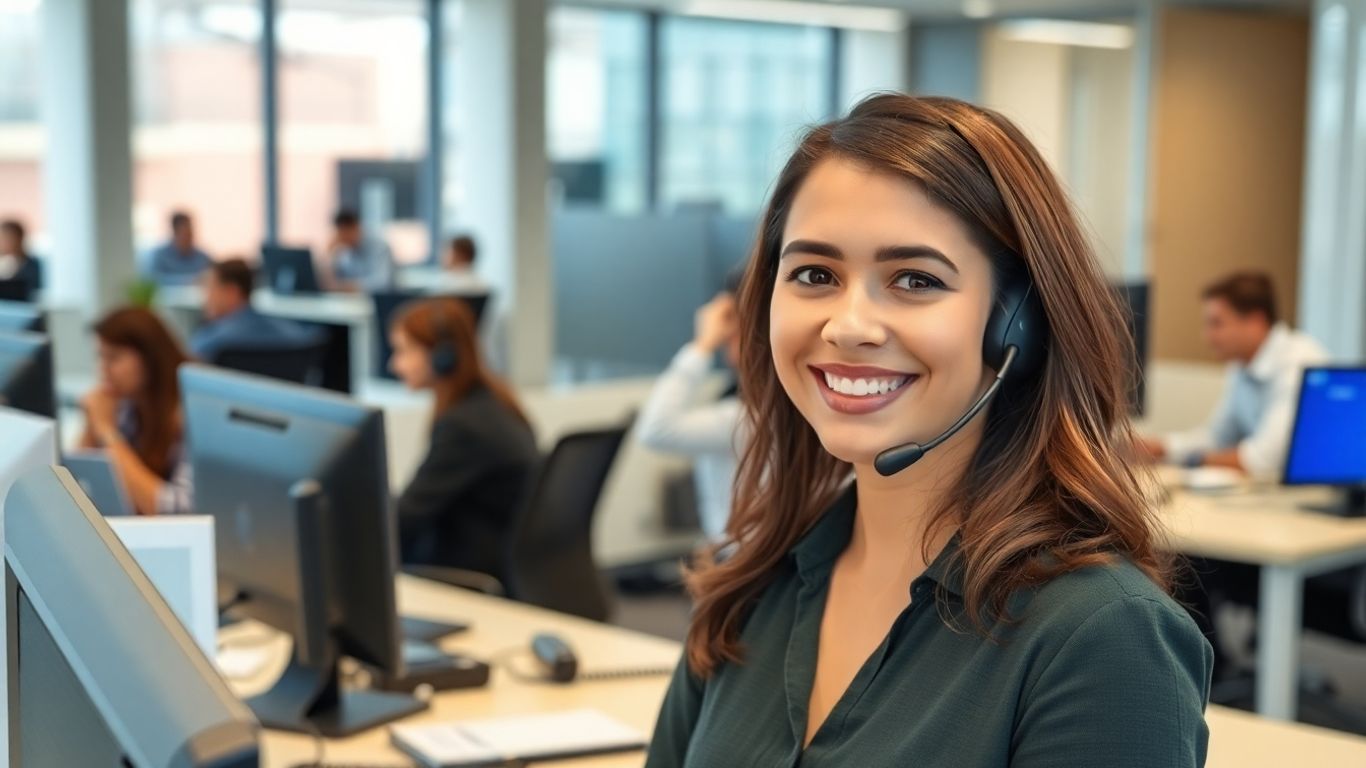 Receptionist with headset answering multiple calls in office