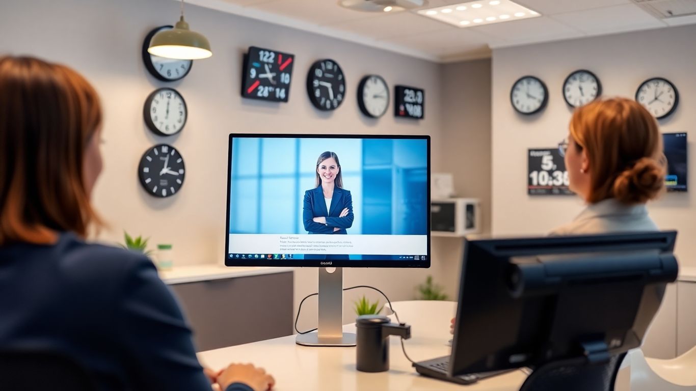 Virtual receptionist greeting Tulsa business client via monitor