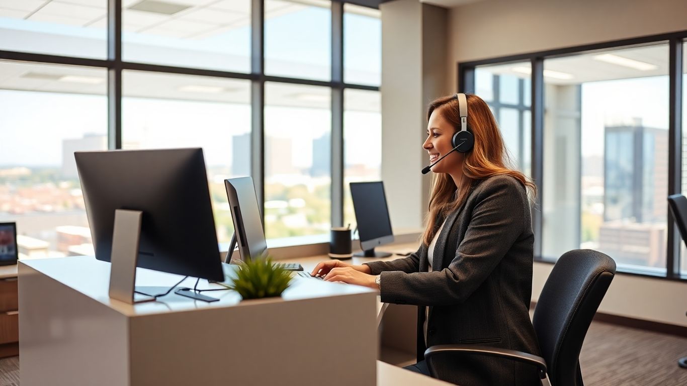 Receptionist answering phone in modern Tulsa office