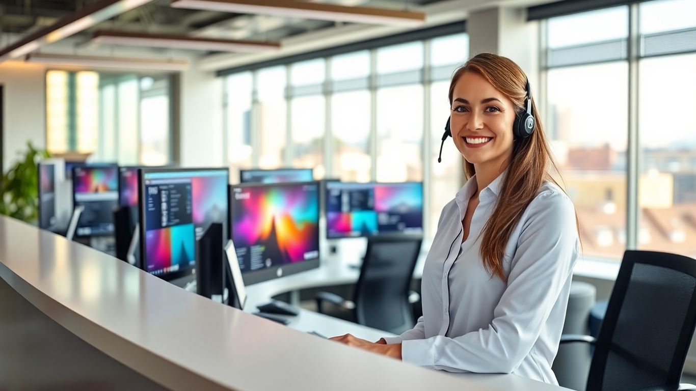 Virtual receptionist in office with cityscape background