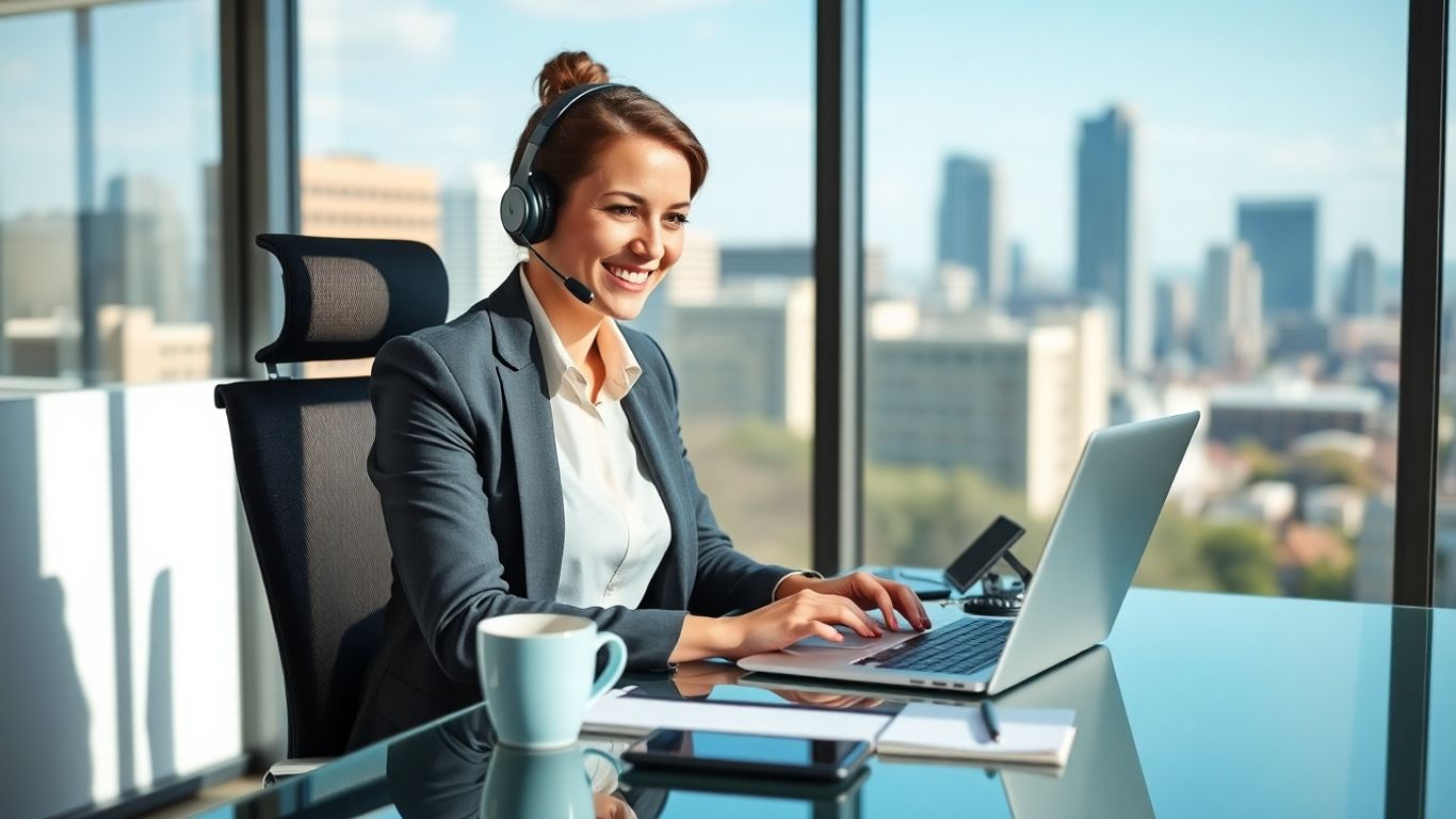 Receptionist with headset answering calls in Arlington office