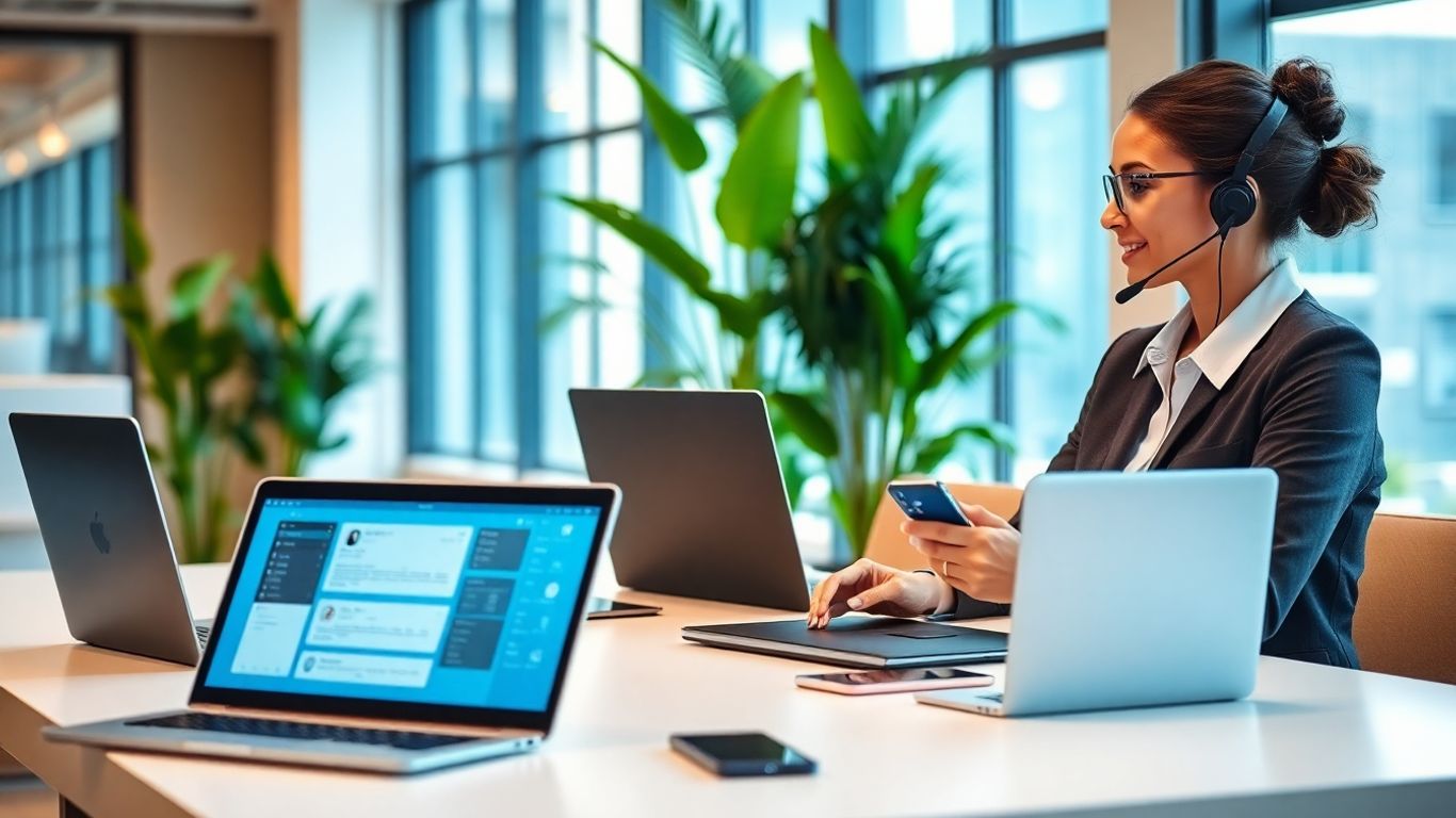 Receptionist using headset in modern tech-integrated office