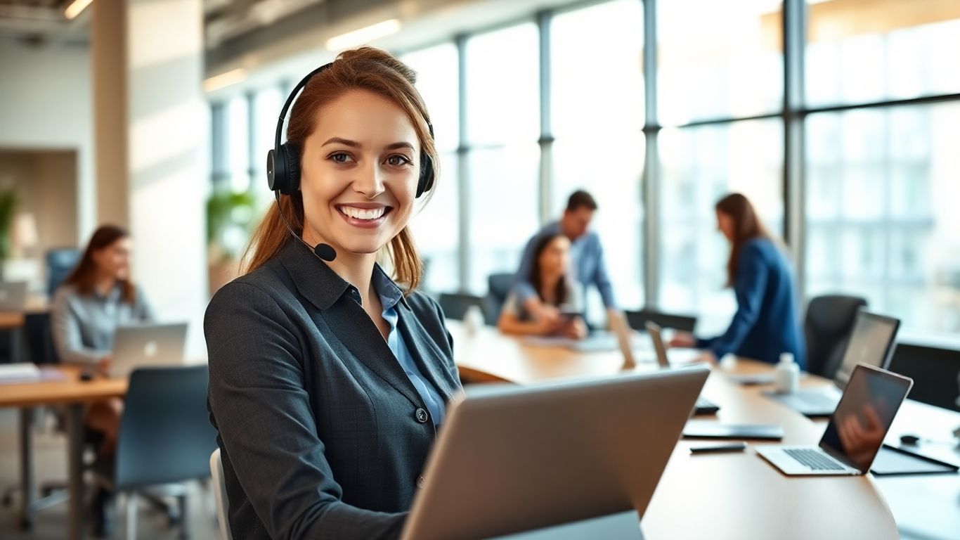 Virtual receptionist assisting clients in a modern office