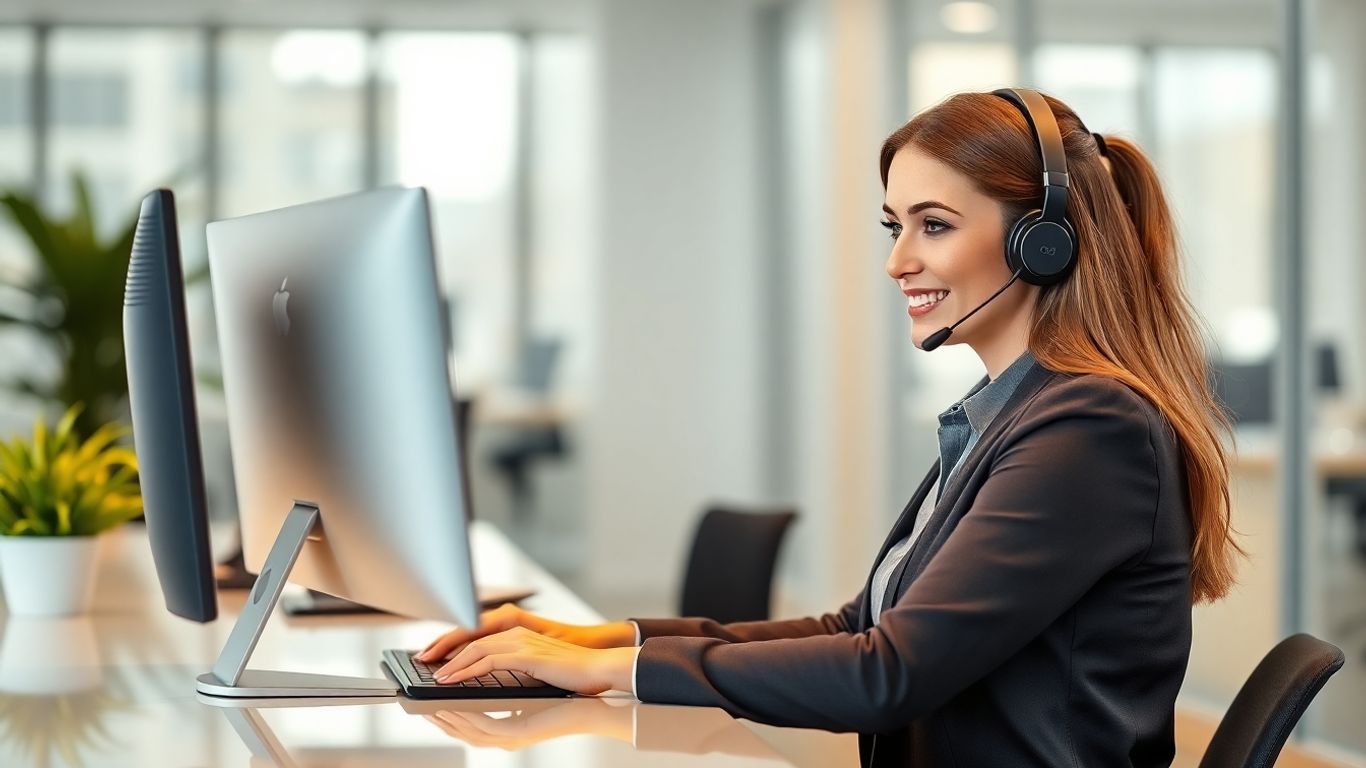 Receptionist with headset helping clients in modern office