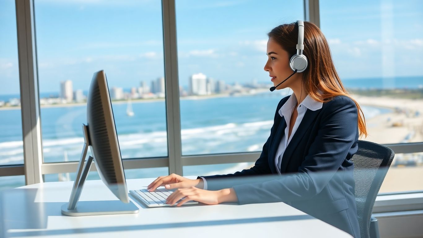 Virtual receptionist working near Virginia Beach skyline
