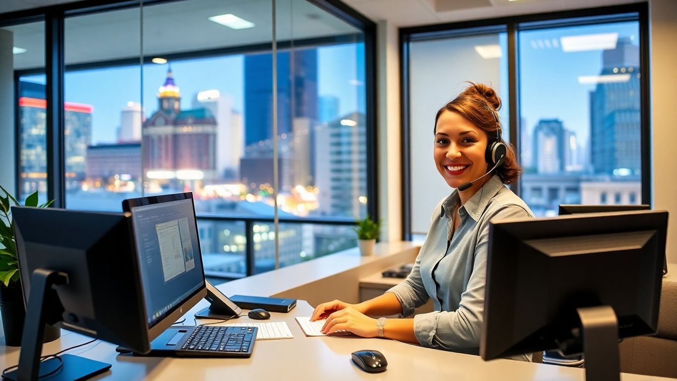 Modern New Orleans office with receptionist and city view