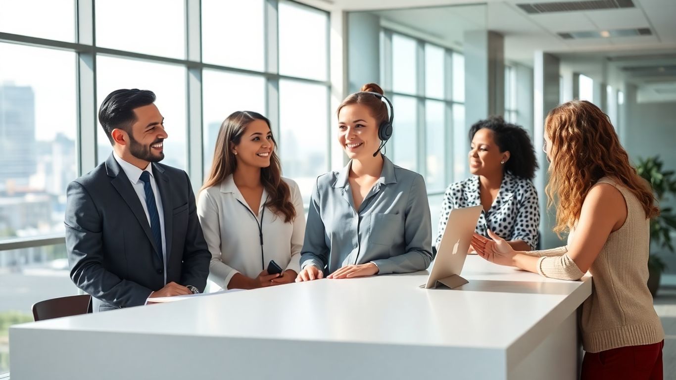 Receptionist greeting diverse Oakland professionals in a modern office