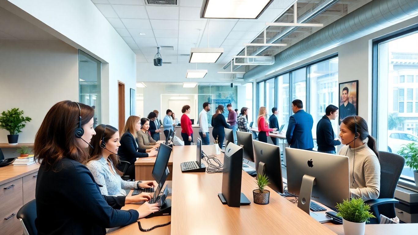 Receptionists answering multiple calls in a modern Oakland office