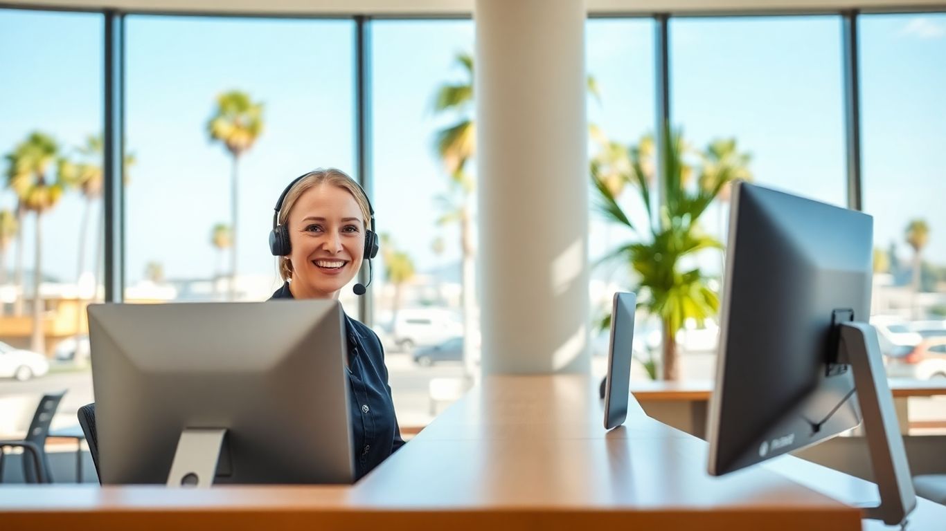 Receptionist with headset in sunny Long Beach office