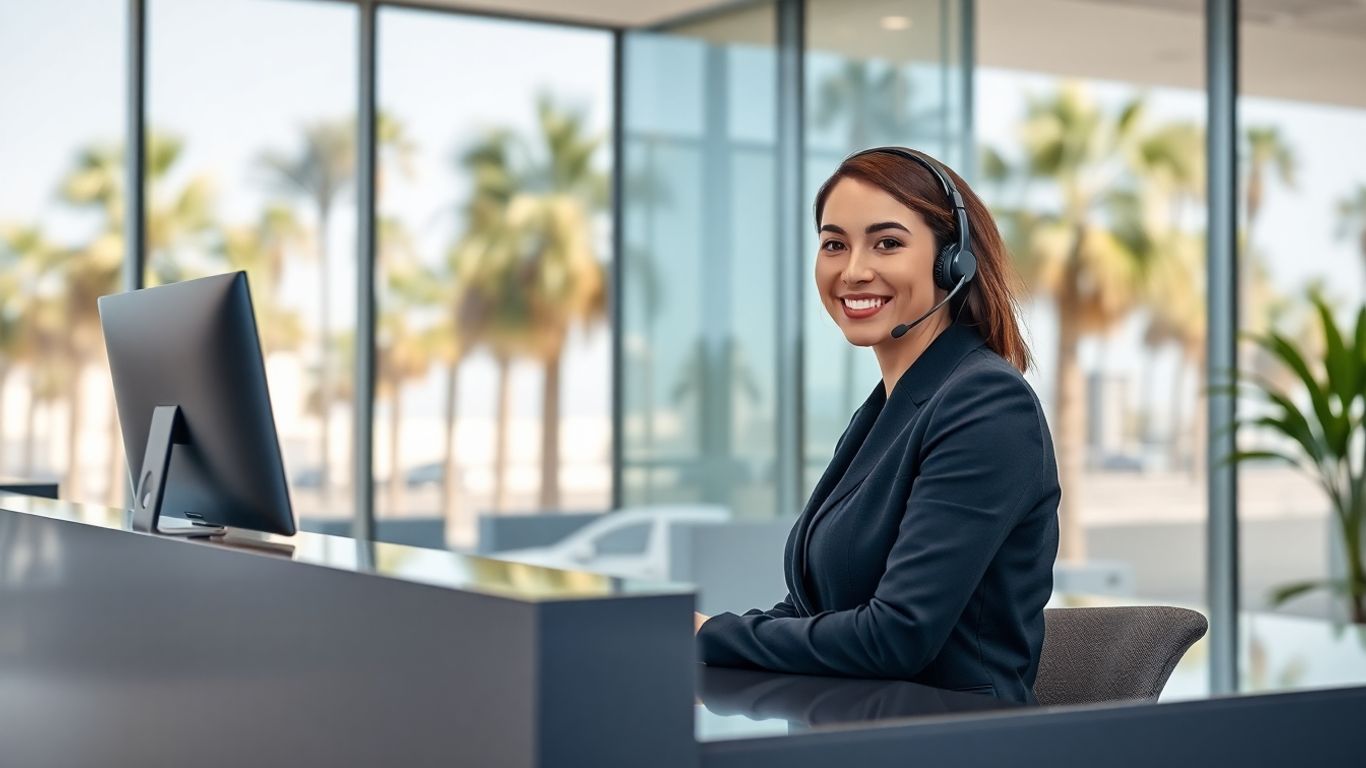 Professional virtual receptionist at modern Long Beach office desk