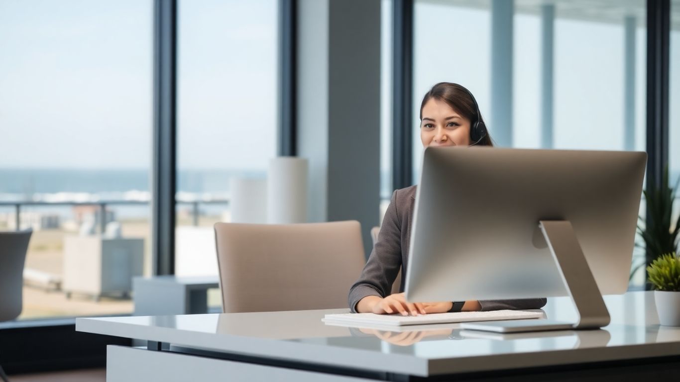 Virtual receptionist working at modern desk with coastal view