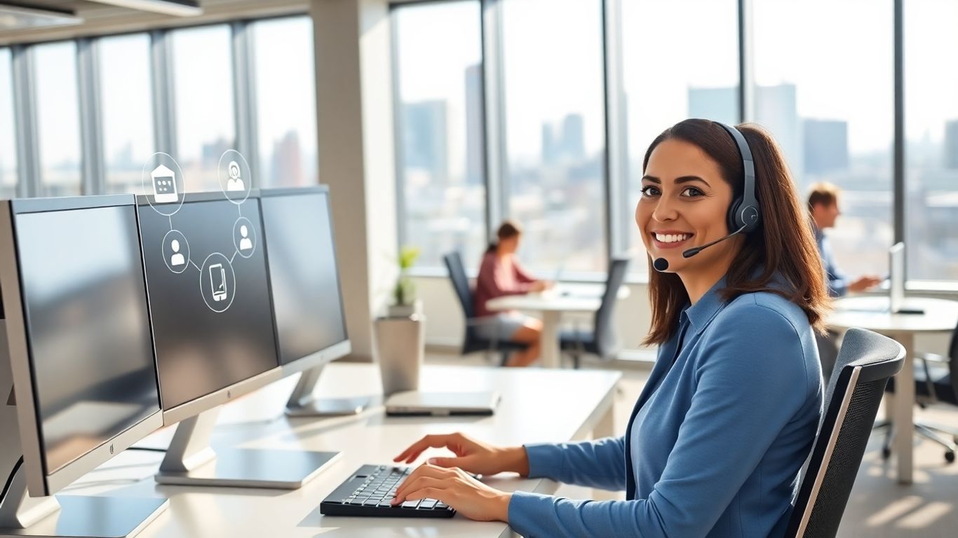 Virtual receptionist in modern office with Portland skyline