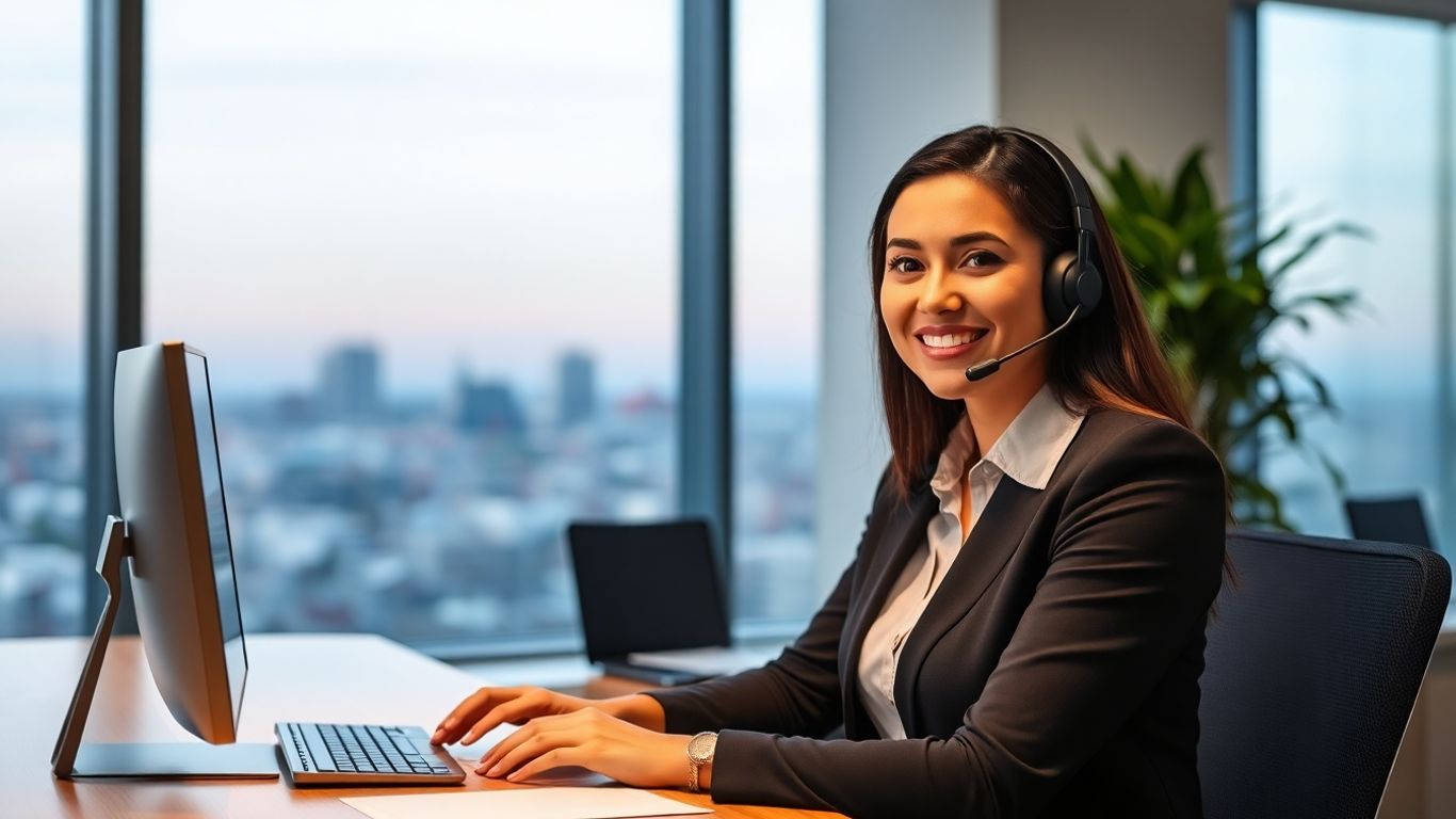 Virtual receptionist answering headset call in Bakersfield office
