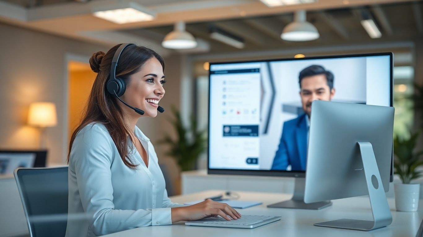 Virtual receptionist assisting business professional online