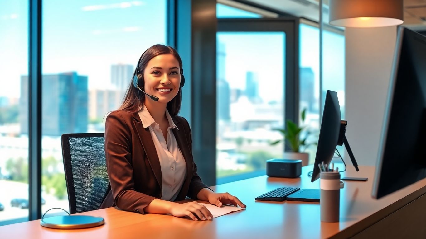 Virtual receptionist at desk in Louisville office