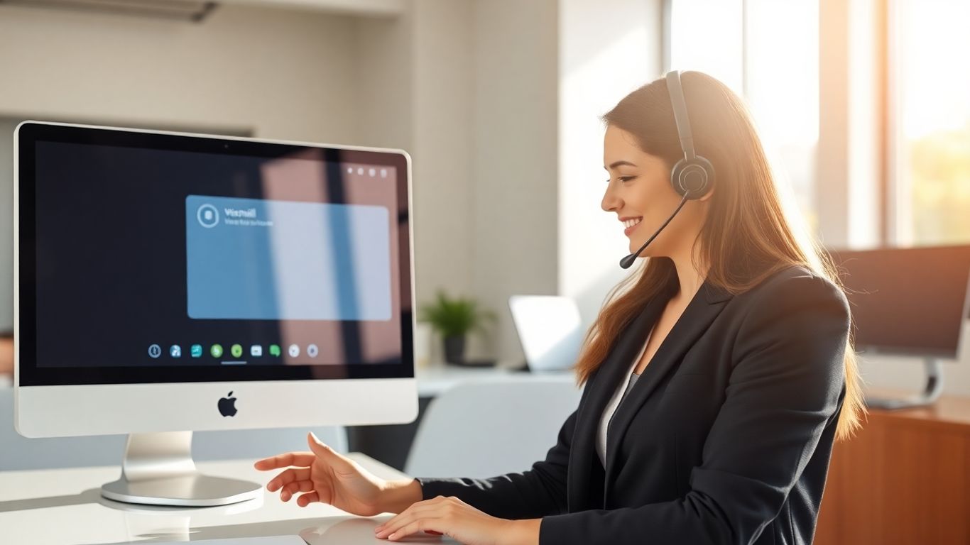 Receptionist using AI voicemail system in modern office