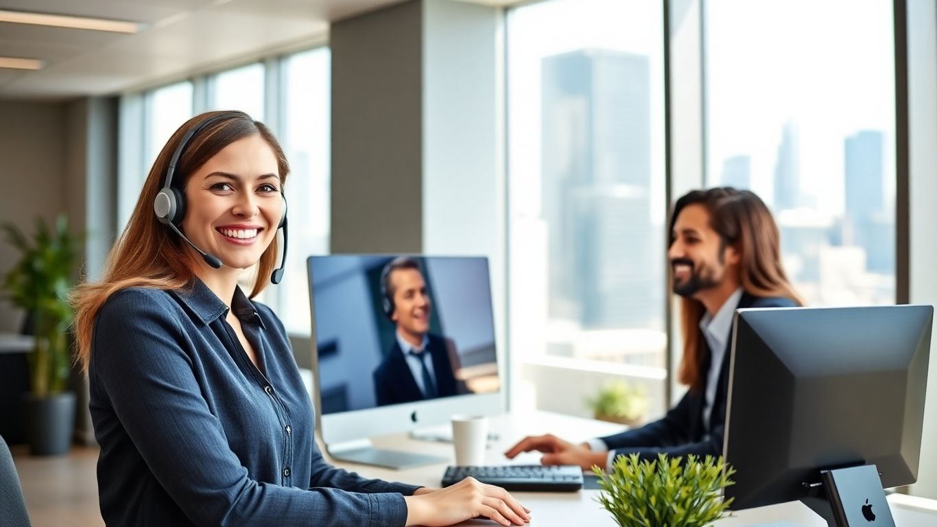 Virtual receptionist assisting professional in modern Kansas City office
