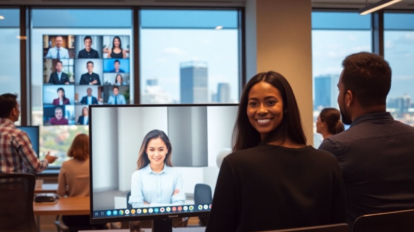 Nashville office with virtual receptionist and city skyline