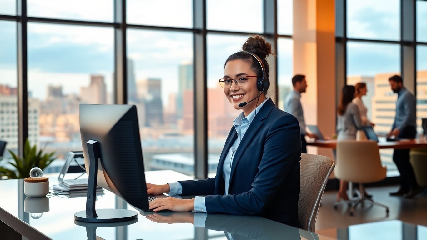 Virtual receptionist with Nashville skyline in office