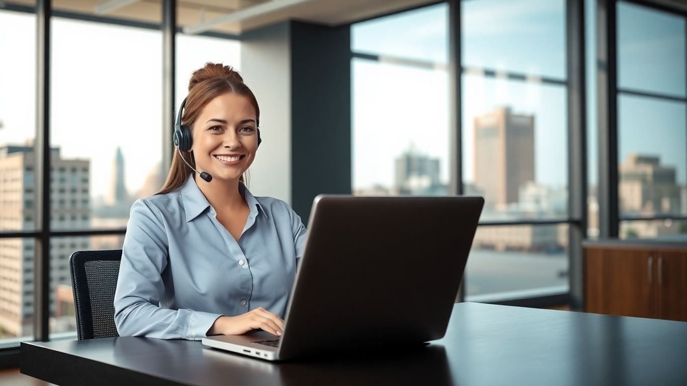 Virtual receptionist on laptop in Nashville office setting